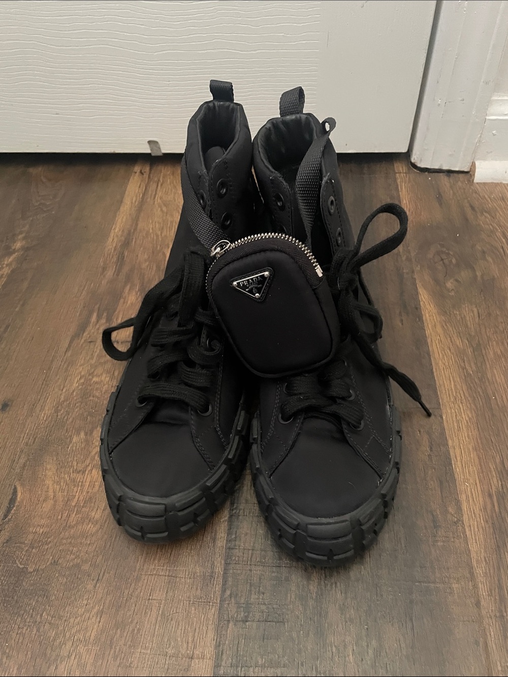 Prada Black High-Top Combat Boots with Front Zip Pouch